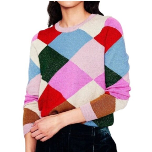 Boden Sweaters - NWOT Boden Sparkly Argyle Jumper Crew Neck Sweater M Multi Rainbow